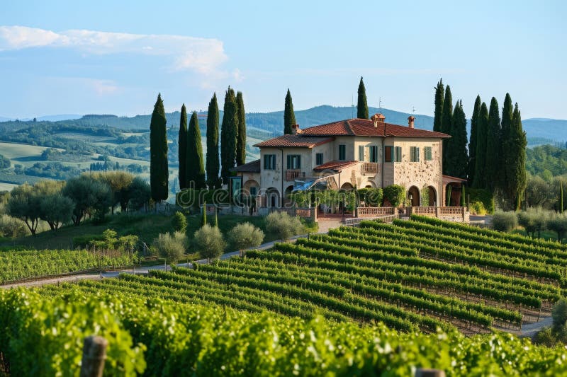 A grand, spacious house stands proudly on a lush green hill, commanding attention with its expansive presence, A Tuscan villa surrounded by vineyards, AI Generated. A grand, spacious house stands proudly on a lush green hill, commanding attention with its expansive presence, A Tuscan villa surrounded by vineyards, AI Generated.
