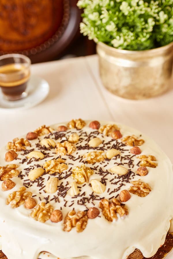 Een grote heerlijke pastei met okkernoten Eigengemaakte pastei met wit bovenste laagje en chocoladeschilfers op een witte houten royalty-vrije stock afbeeldingen Een grote heerlijke pastei met okkernoten Eigengemaakte pastei met wit bovenste laagje en chocoladeschilfers op een witte houten royalty-vrije stock afbeeldingen