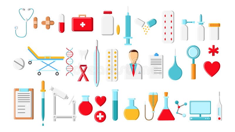Een grote mooie heldere gekleurde reeks medische punten en hulpmiddelen van een apotheek of een spreekkamer, de spuiten van therm royalty-vrije illustratie Een grote mooie heldere gekleurde reeks medische punten en hulpmiddelen van een apotheek of een spreekkamer, de spuiten van therm royalty-vrije illustratie