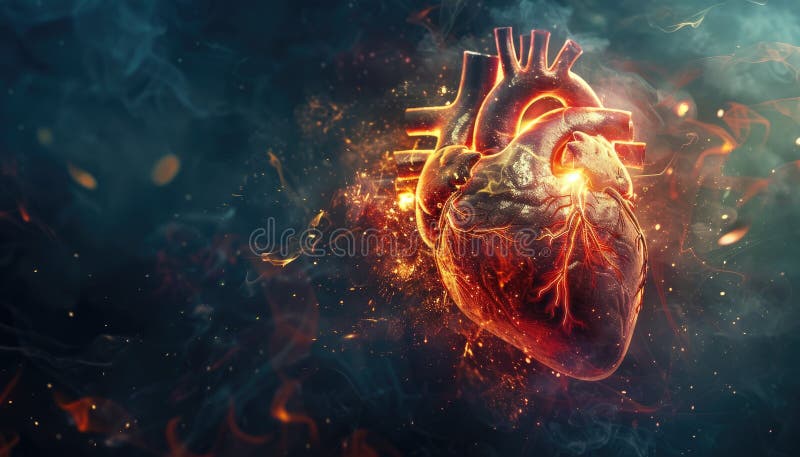 A heart is surrounded by fire and smoke, giving the impression of a fiery by AI generated image. A heart is surrounded by fire and smoke, giving the impression of a fiery by AI generated image.