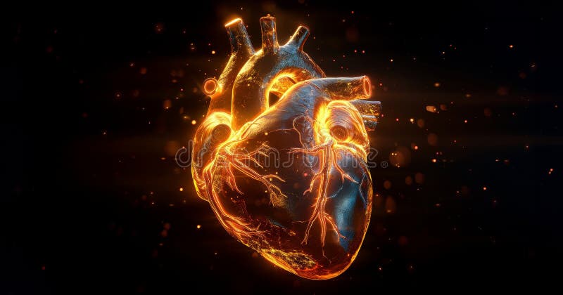 A heart is shown in a fiery, glowing state by AI generated image. A heart is shown in a fiery, glowing state by AI generated image.