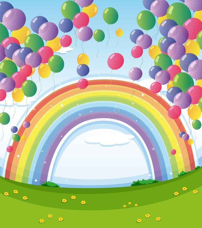 Een hemel met regenboog en groep drijvende ballons stock illustratie Een hemel met regenboog en groep drijvende ballons stock illustratie
