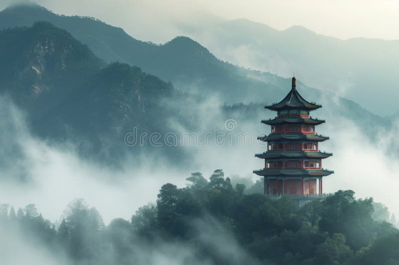 A tall tower stands proudly on a vibrant green hillside, offering a commanding presence in the landscape, A Chinese pagoda in a misty mountain setting, AI Generated. A tall tower stands proudly on a vibrant green hillside, offering a commanding presence in the landscape, A Chinese pagoda in a misty mountain setting, AI Generated.