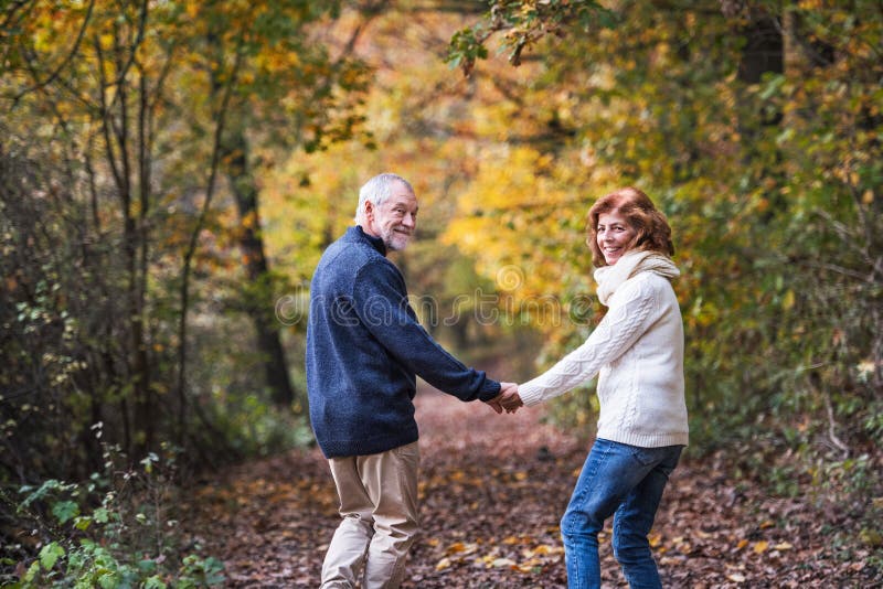 Een hoger paar die in een holdingshanden van de de herfstaard lopen en terug kijken stock fotografie Een hoger paar die in een holdingshanden van de de herfstaard lopen en terug kijken stock fotografie