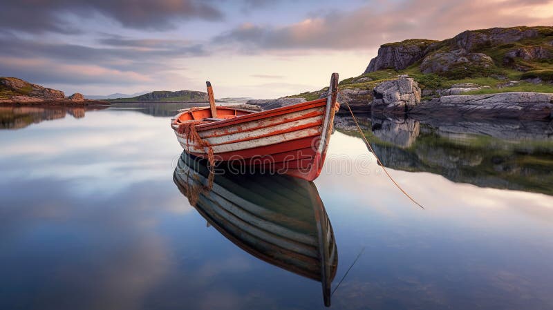 Een houten boot op een schelm van het bergmeer met een idyllisch gezichtsveld van de eenzame roeiboot