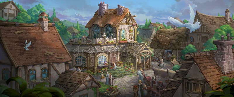 Een illustratie van het kleine middeleeuwse fantasiehuis in een stad.