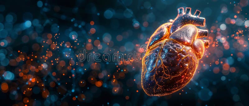 An illustration of a modern isolated heart with a pain center. Low poly wireframe and points. A 3D white human organ on a dark background. A geometric triangle illustration of a medicine concept. An AI generated. An illustration of a modern isolated heart with a pain center. Low poly wireframe and points. A 3D white human organ on a dark background. A geometric triangle illustration of a medicine concept. An AI generated