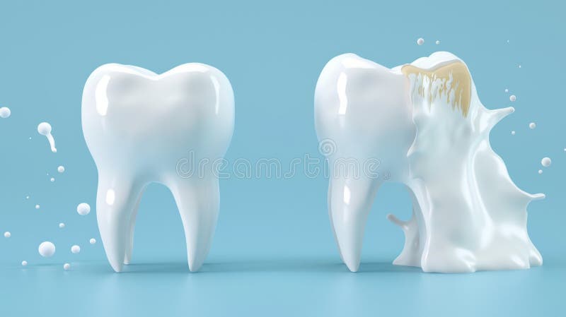 An illustration of a clean and dirty tooth, the process of whitening and clearing teeth. Dental and oral cavity health care, enamel restoration, toothpaste advertising isolated on a blue background.. AI generated. An illustration of a clean and dirty tooth, the process of whitening and clearing teeth. Dental and oral cavity health care, enamel restoration, toothpaste advertising isolated on a blue background.. AI generated