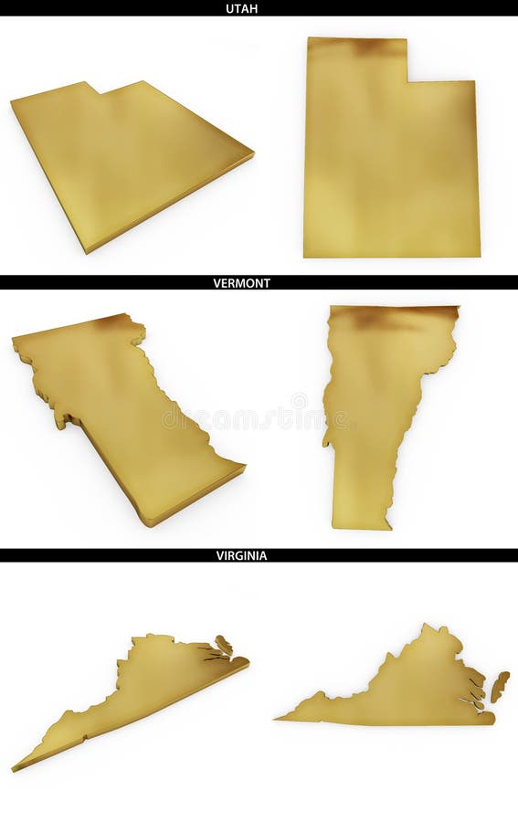 Een inzameling van gouden vormen van de Amerikaanse staten Utah, Vermont, Virginia van de V.S. vector illustratie Een inzameling van gouden vormen van de Amerikaanse staten Utah, Vermont, Virginia van de V.S. vector illustratie