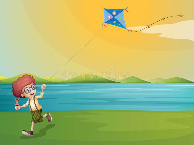 Een jonge jongen die met zijn vlieger bij riverbank spelen stock illustratie Een jonge jongen die met zijn vlieger bij riverbank spelen stock illustratie