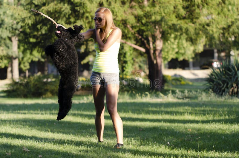 Een jonge vrouw die met haar hond spelen stock foto's Een jonge vrouw die met haar hond spelen stock foto's