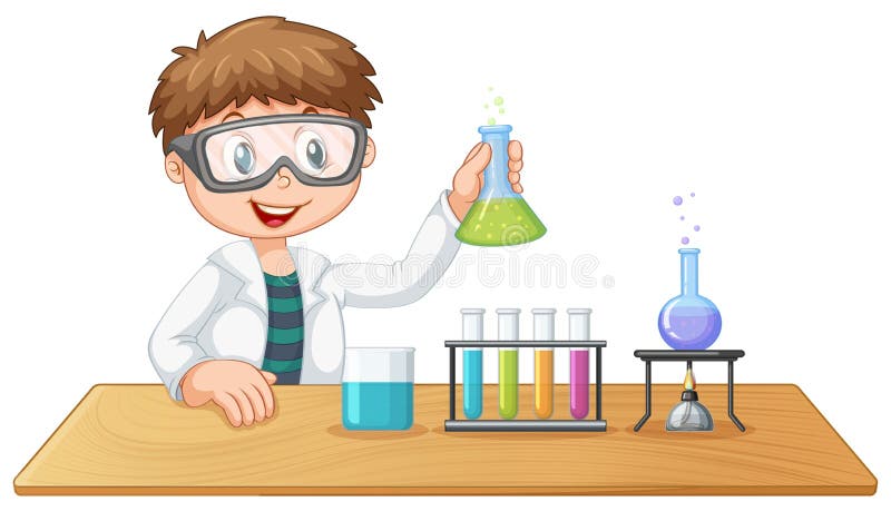 Een jongen in chemieklasse