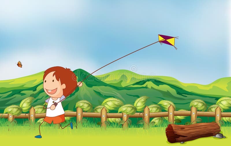 Een jongen die zijn vlieger vliegen bij de brug royalty-vrije illustratie Een jongen die zijn vlieger vliegen bij de brug royalty-vrije illustratie