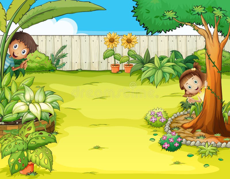 Een jongen en een meisje die in de tuin verbergen stock illustratie Een jongen en een meisje die in de tuin verbergen stock illustratie