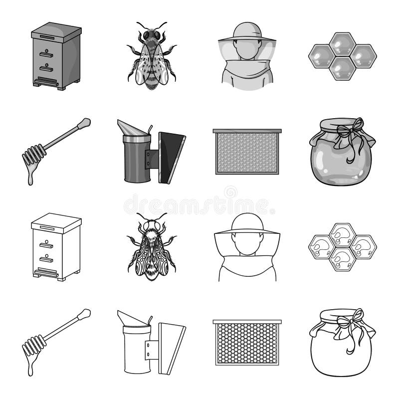 Een kader met honingraten, een gietlepel honing, een fumigator van bijen, een kruik honing Pictogrammen van de bijenstal de vastg stock illustratie Een kader met honingraten, een gietlepel honing, een fumigator van bijen, een kruik honing Pictogrammen van de bijenstal de vastg stock illustratie