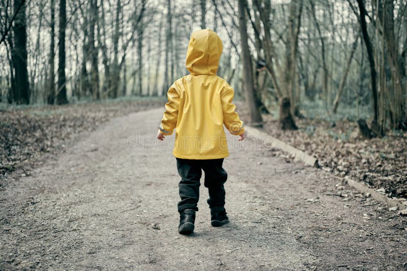 botsen Slovenië Vijfde Een Klein Kind in Een Gele Regenjas Met Een Kap Loopt in Een Donker Enge  Woud Stock Afbeelding - Image of verloren, sinaasappel: 219774225