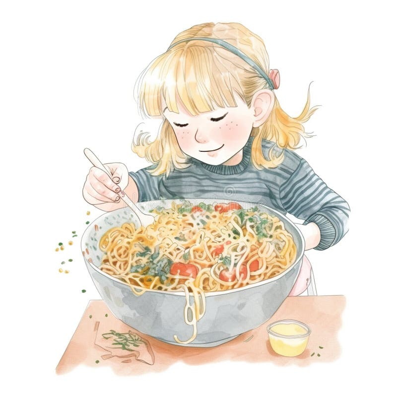 Een klein meisje dat een kom noedels eet. ai generatief beeld stock illustratie