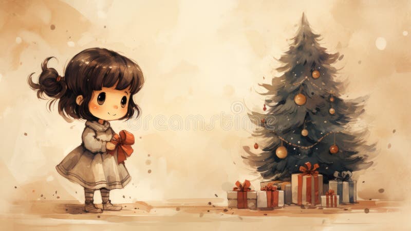 Een klein meisje in de buurt van een kerstboom ai royalty-vrije illustratie