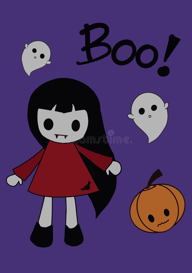 Een kleine meisjesduivel in een rode rok met twee spookgeest en pompoen en sms-boe op een violette achtergrond Het concept Hallow stock illustratie Een kleine meisjesduivel in een rode rok met twee spookgeest en pompoen en sms-boe op een violette achtergrond Het concept Hallow stock illustratie