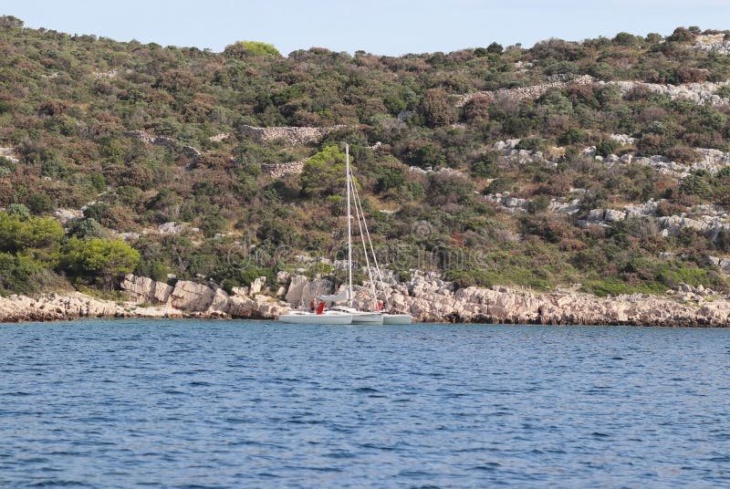 Een kleine varende trimaran op de achtergrond van de steenachtige kust van Kroatische Riviera Het groene eiland van het Adriatisc royalty-vrije stock foto's Een kleine varende trimaran op de achtergrond van de steenachtige kust van Kroatische Riviera Het groene eiland van het Adriatisc royalty-vrije stock foto's