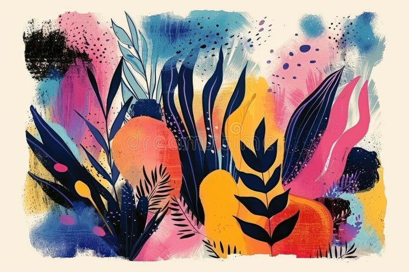 A colorful abstract painting with bright and vibrant colors. The painting has a tropical feel to it, with lush leaves and flowers. The colors are bold and saturated, and the overall AI generated. A colorful abstract painting with bright and vibrant colors. The painting has a tropical feel to it, with lush leaves and flowers. The colors are bold and saturated, and the overall AI generated