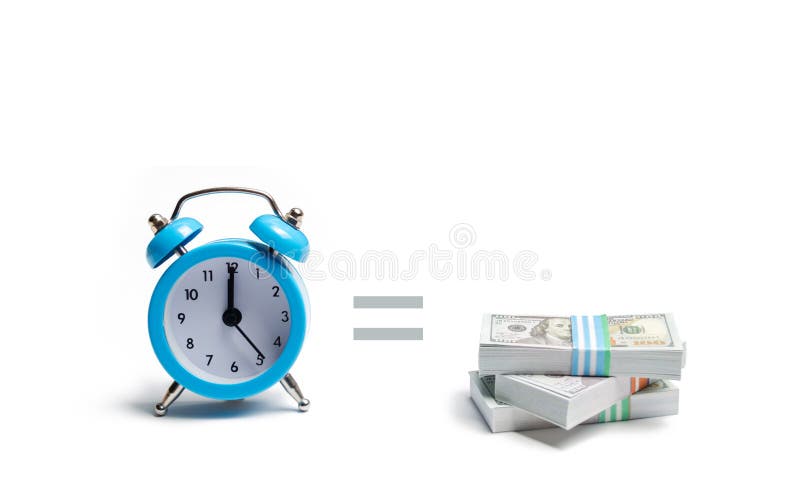 Een klok, stapel van geld en het gelijkteken tussen hen op een witte achtergrond Het concept het uitdrukken van tijd is geld plan stock fotografie Een klok, stapel van geld en het gelijkteken tussen hen op een witte achtergrond Het concept het uitdrukken van tijd is geld plan stock fotografie