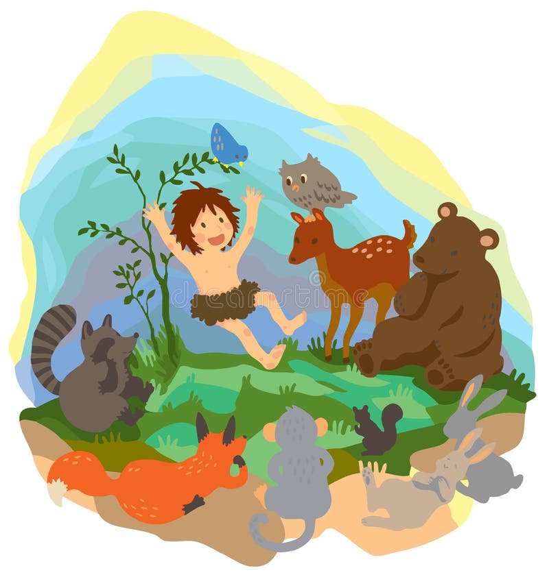 Een leuke wildernisjongen leest boek aan dieren in Th stock illustratie Een leuke wildernisjongen leest boek aan dieren in Th stock illustratie