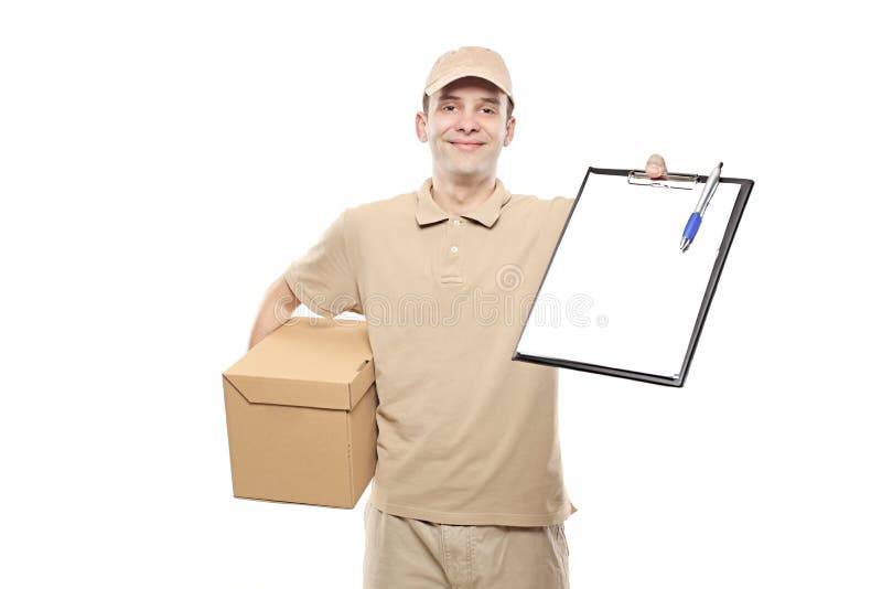 A delivery man bringing a package and holding out a clipboard. A delivery man bringing a package and holding out a clipboard