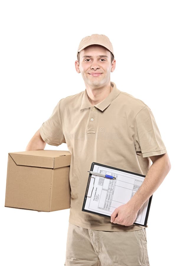 A delivery man bringing a package and holding out a clipboard. A delivery man bringing a package and holding out a clipboard