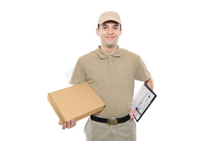 A delivery man bringing a package and holding out a clipboard isolated on white background. A delivery man bringing a package and holding out a clipboard isolated on white background