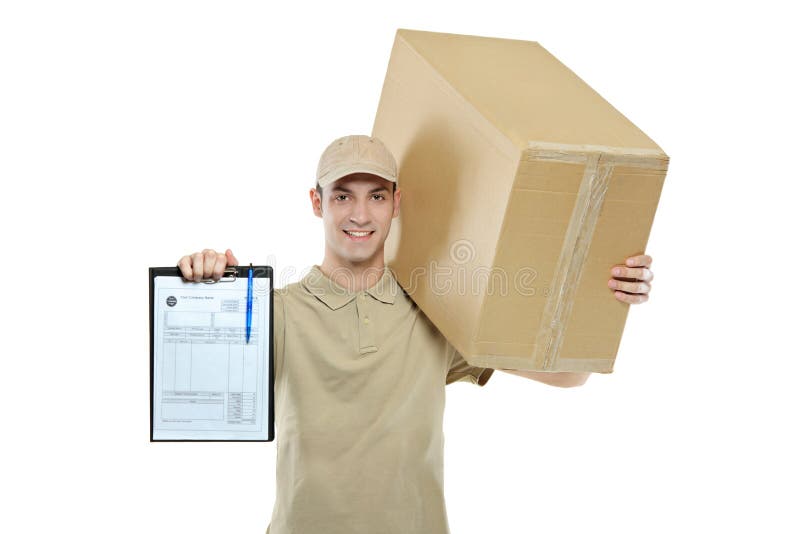 A delivery man bringing a package and holding out a clipboard. A delivery man bringing a package and holding out a clipboard