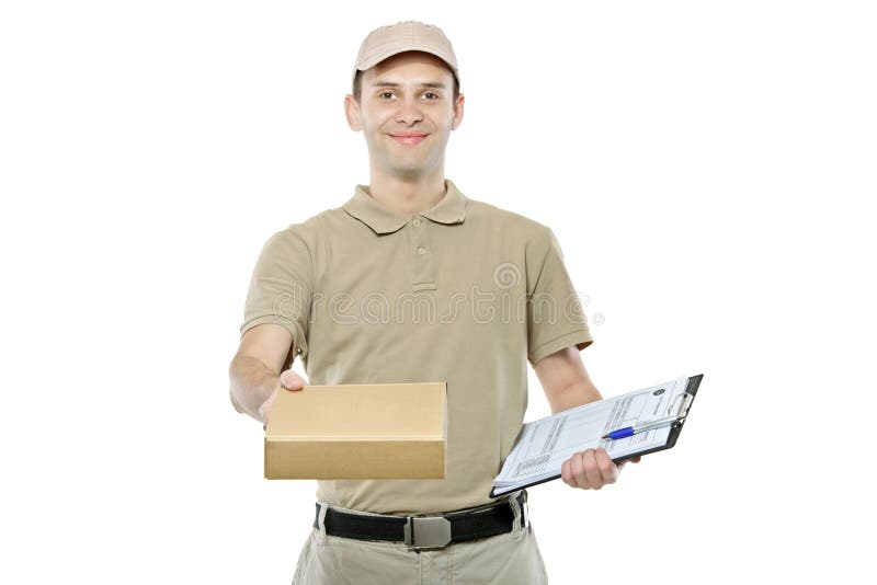 A delivery man bringing a package and holding out a clipboard isolated on white background. A delivery man bringing a package and holding out a clipboard isolated on white background