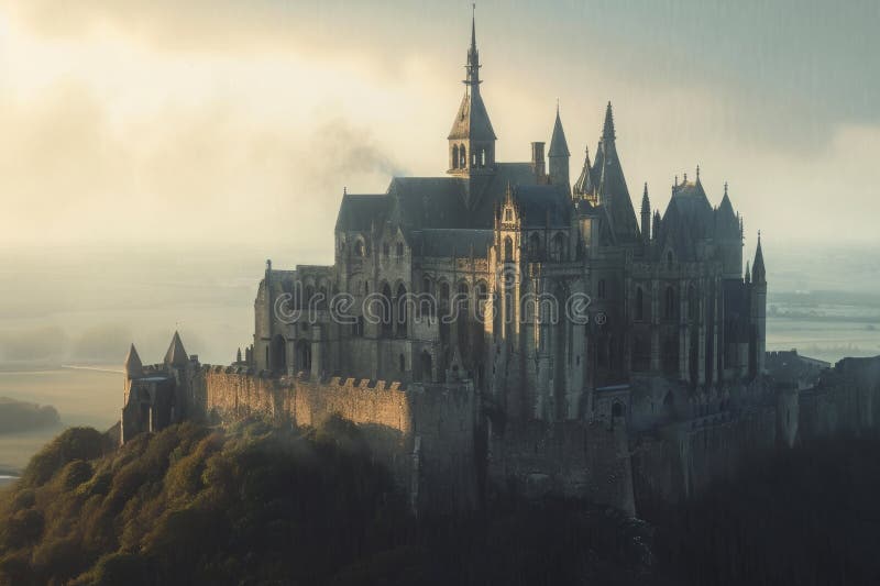 A majestic castle sits atop a hill, offering a commanding view of the surrounding body of water, A medieval castle with towering spires, AI Generated. A majestic castle sits atop a hill, offering a commanding view of the surrounding body of water, A medieval castle with towering spires, AI Generated.