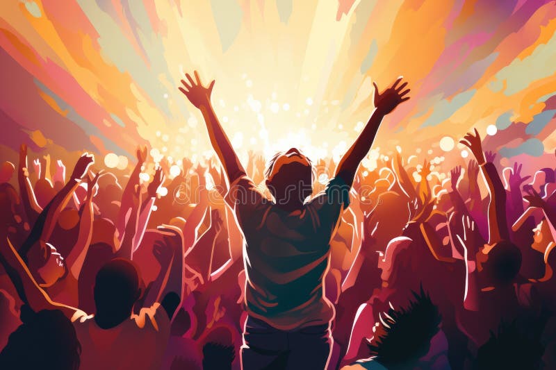 A man confidently addresses a large crowd, capturing their attention, with his powerful words and commanding presence, crowd of people dancing at concert, AI Generated. A man confidently addresses a large crowd, capturing their attention, with his powerful words and commanding presence, crowd of people dancing at concert, AI Generated