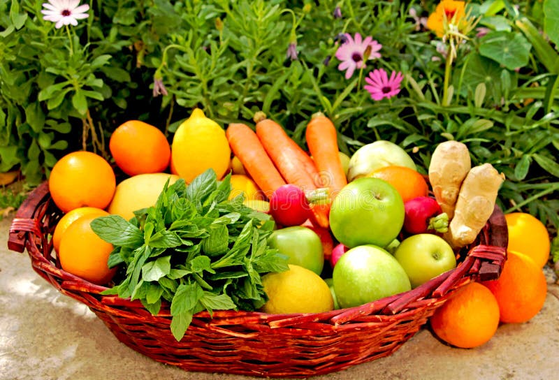Een mand van vers fruit en groenten royalty-vrije stock foto Een mand van vers fruit en groenten royalty-vrije stock foto