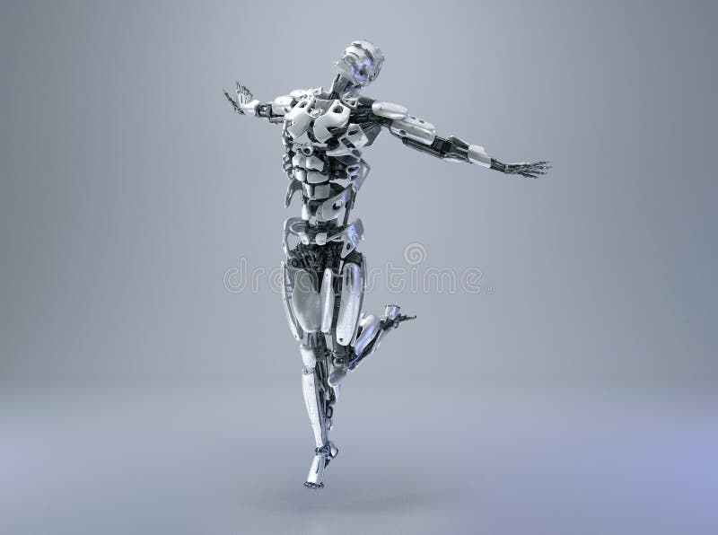 Een mannelijke humanoidrobot, androïde of cyborg de wapens stellen omhoog, vrijheid of geluk het concept 3D Illustratie