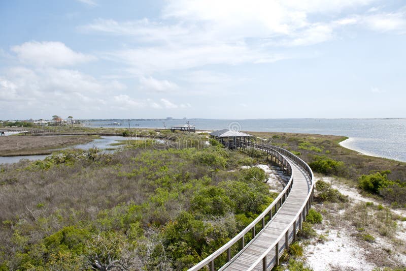 Een mening van de wateren van Grote Lagune van de promenade bij het Grote Park van de Lagunestaat in Pensaocla, Florida royalty-vrije stock foto's Een mening van de wateren van Grote Lagune van de promenade bij het Grote Park van de Lagunestaat in Pensaocla, Florida royalty-vrije stock foto's