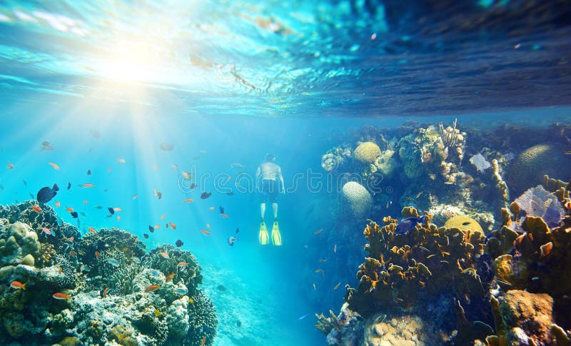 Een mens die in het mooie koraalrif met veel vissen snorkelen royalty-vrije stock afbeelding Een mens die in het mooie koraalrif met veel vissen snorkelen royalty-vrije stock afbeelding