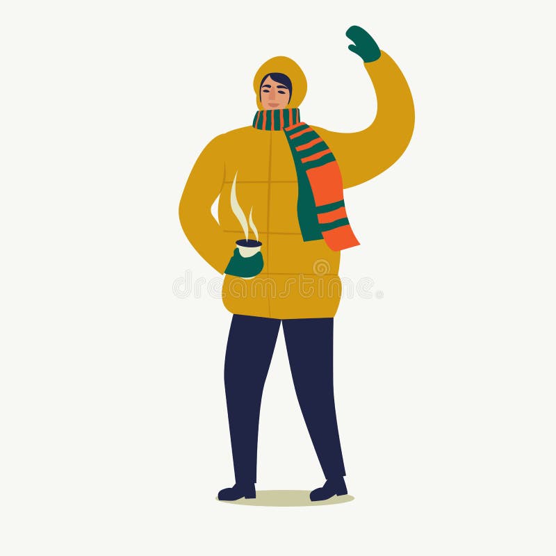 Een mens kleedde zich in een benedenjasjegangen met een kop van koffie Vrolijke Kerstmis en Gelukkig Nieuwjaar De mensen treffen stock illustratie Een mens kleedde zich in een benedenjasjegangen met een kop van koffie Vrolijke Kerstmis en Gelukkig Nieuwjaar De mensen treffen stock illustratie