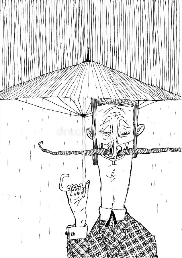 Een mens met een snor en een paraplu in de regen Zwart-witte modieuze grafiek voor affiches en drukproductie vector illustratie Een mens met een snor en een paraplu in de regen Zwart-witte modieuze grafiek voor affiches en drukproductie vector illustratie