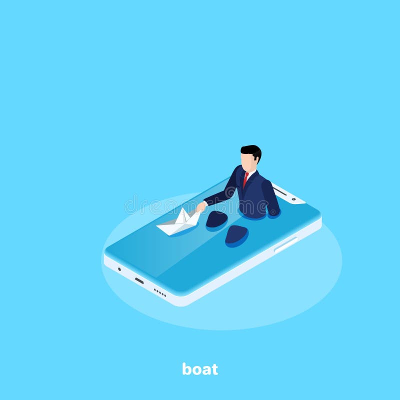 Een mens in een pak zit in het smartphone` s scherm zoals in de badkamers en lanceert een document boot royalty-vrije illustratie Een mens in een pak zit in het smartphone` s scherm zoals in de badkamers en lanceert een document boot royalty-vrije illustratie