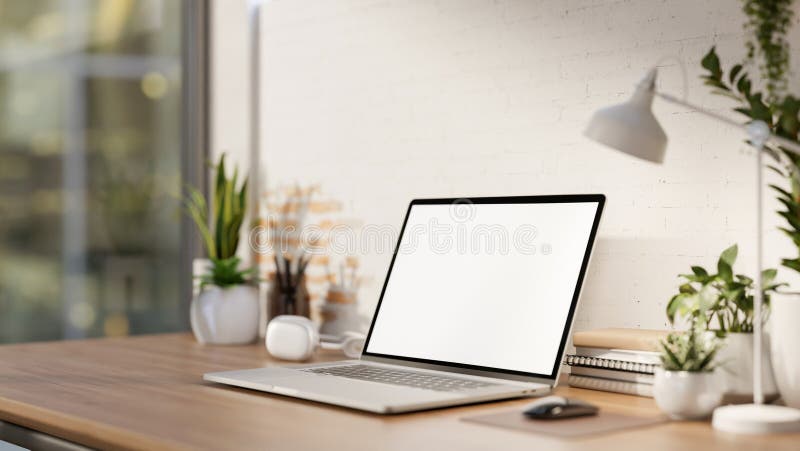 A minimalist workspace features a white-screen laptop computer mockup, headphones, a table lamp, and potted plants on a wooden desk against the white brick wall. a side view 3d render, 3d illustration. A minimalist workspace features a white-screen laptop computer mockup, headphones, a table lamp, and potted plants on a wooden desk against the white brick wall. a side view 3d render, 3d illustration