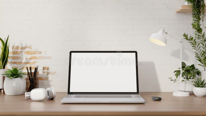 A minimalist workspace features a white-screen laptop computer mockup, headphones, a table lamp, and potted plants on a wooden desk against the white brick wall. 3d render, 3d illustration. A minimalist workspace features a white-screen laptop computer mockup, headphones, a table lamp, and potted plants on a wooden desk against the white brick wall. 3d render, 3d illustration