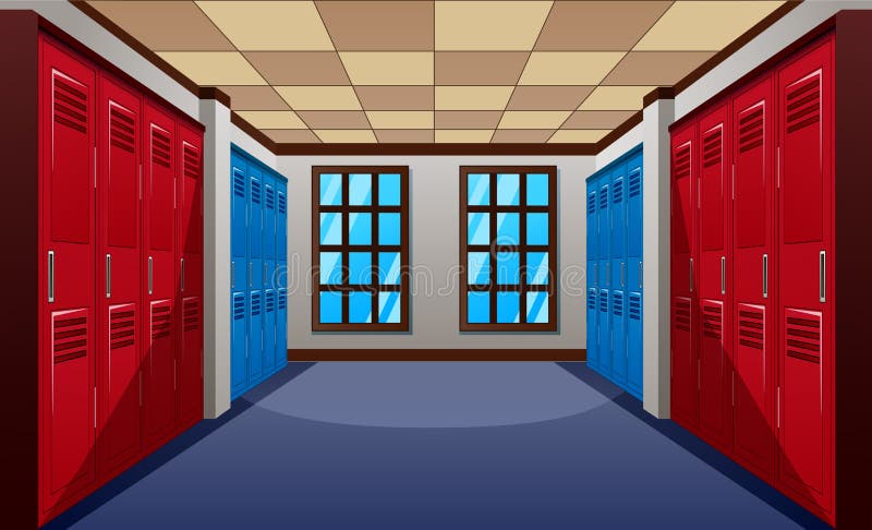 Een moderne schoolgang met rij van blauwe en rode kasten royalty-vrije illustratie Een moderne schoolgang met rij van blauwe en rode kasten royalty-vrije illustratie