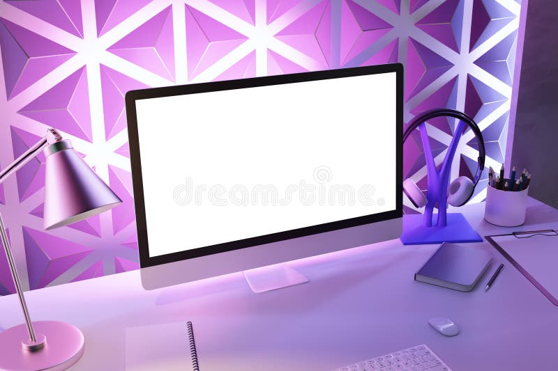 A modern workspace with computer screen, headphones, desk lamp, and stationery, illustrated in a vibrant purple tone, on a geometric pattern background. 3D Rendering. A modern workspace with computer screen, headphones, desk lamp, and stationery, illustrated in a vibrant purple tone, on a geometric pattern background. 3D Rendering