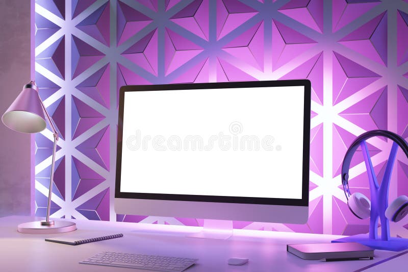 A modern workspace with a blank computer screen, desk lamp, keyboard, and headphones, set against a geometric purple background. 3D Rendering. A modern workspace with a blank computer screen, desk lamp, keyboard, and headphones, set against a geometric purple background. 3D Rendering