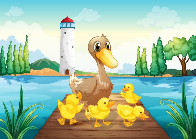 Een moedereend met vier babyeenden in de houten brug vector illustratie Een moedereend met vier babyeenden in de houten brug vector illustratie