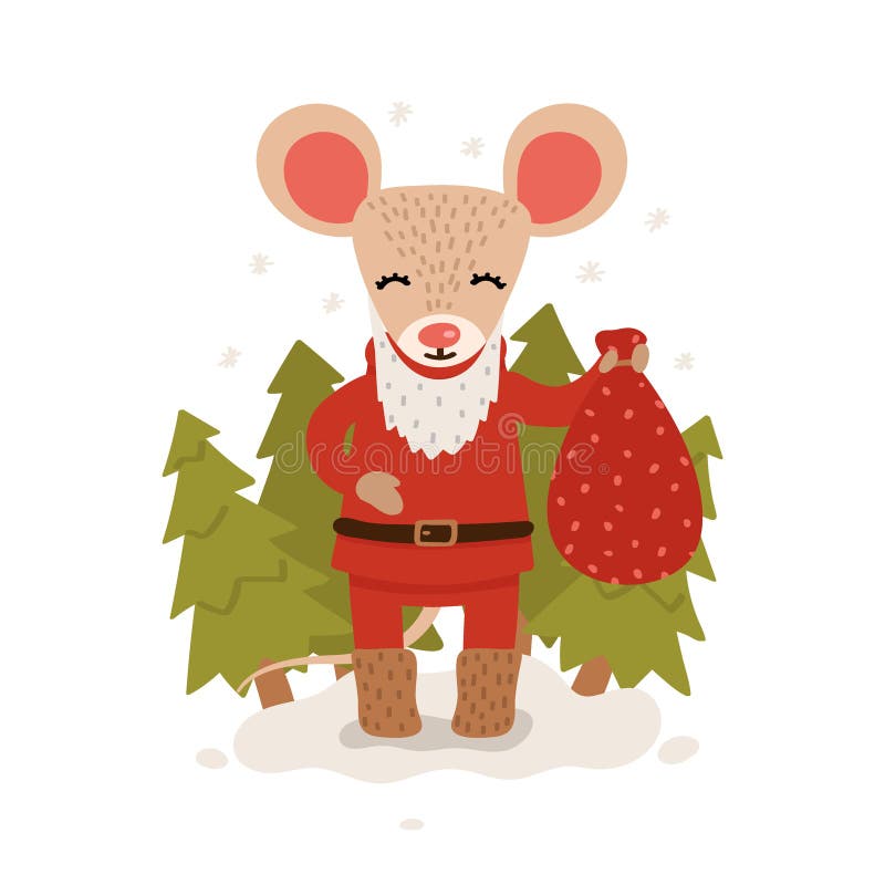 Een muis met een zak van giften onder de Kerstbomen Kerstmis en Nieuwjaarkarakter dat op een witte achtergrond wordt ge?soleerd p stock illustratie Een muis met een zak van giften onder de Kerstbomen Kerstmis en Nieuwjaarkarakter dat op een witte achtergrond wordt ge?soleerd p stock illustratie