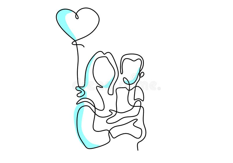 Een ononderbroken tekening van de jonge moeder houdt haar baby vast met luchtballonnen gevormd als hart. gelukkige moederdagkaart.