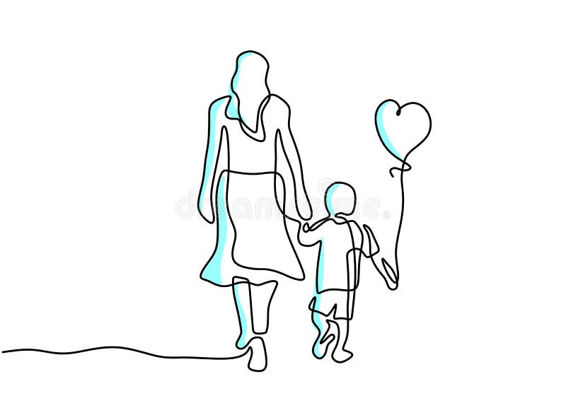 Een ononderbroken tekening van de jonge moeder houdt haar baby vast met luchtballonnen gevormd als hart. gelukkige moederdagkaart.